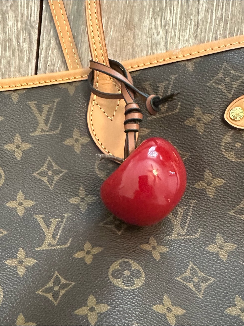Glossy Red Apple Charm with leather strap bag or backpack charm